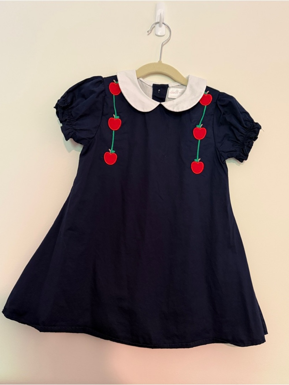 Girls' Navy Dress with White Peter Pan Collar and Cherry Appliques